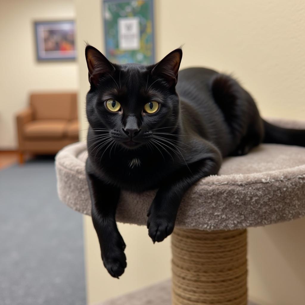 Asheville Humane Society Cat Adoption Photos: A calm adult cat with sleek black fur sits perched on a cat tree, looking serenely at the camera in a comfortable room at the Asheville Humane Society.