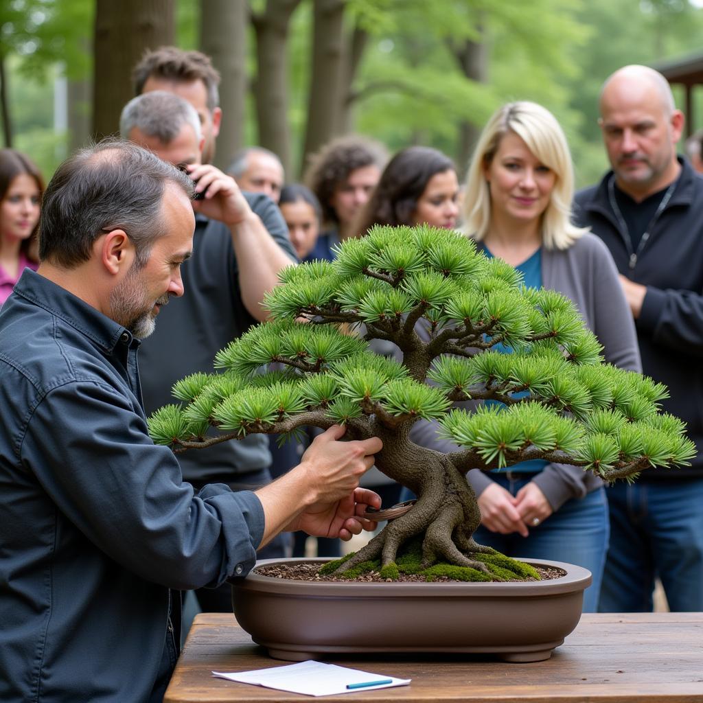 Learning bonsai techniques from an expert at a local society workshop