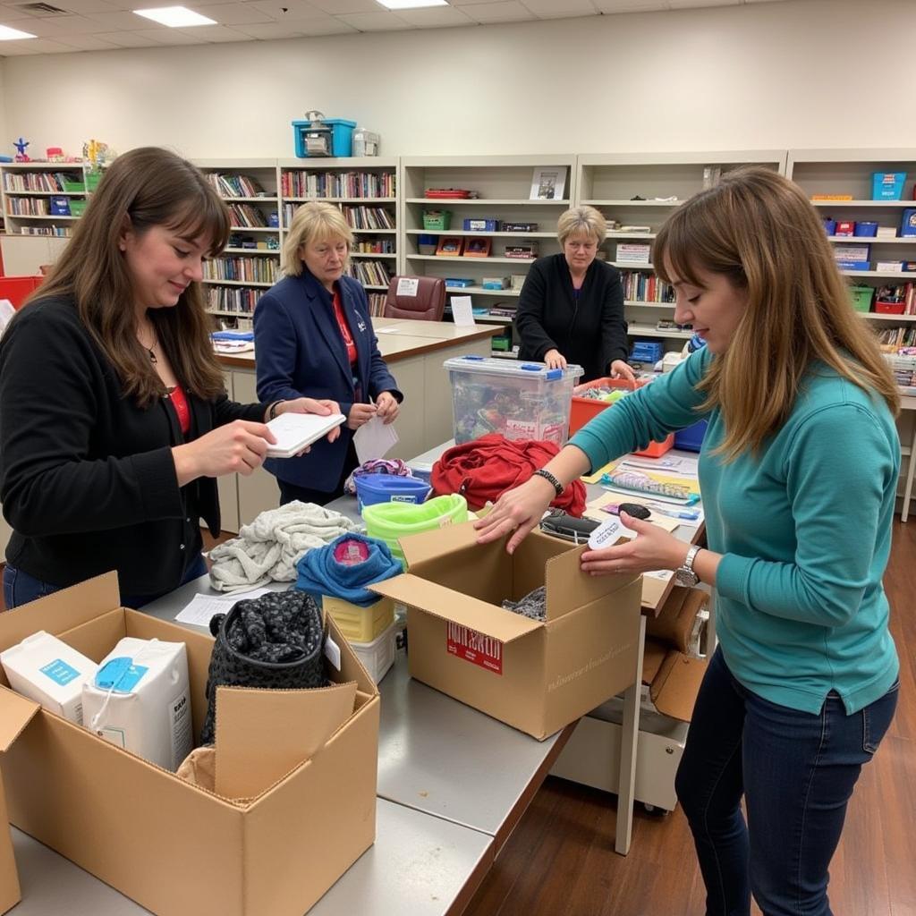 Volunteers sorting donations at a cancer society thrift store.