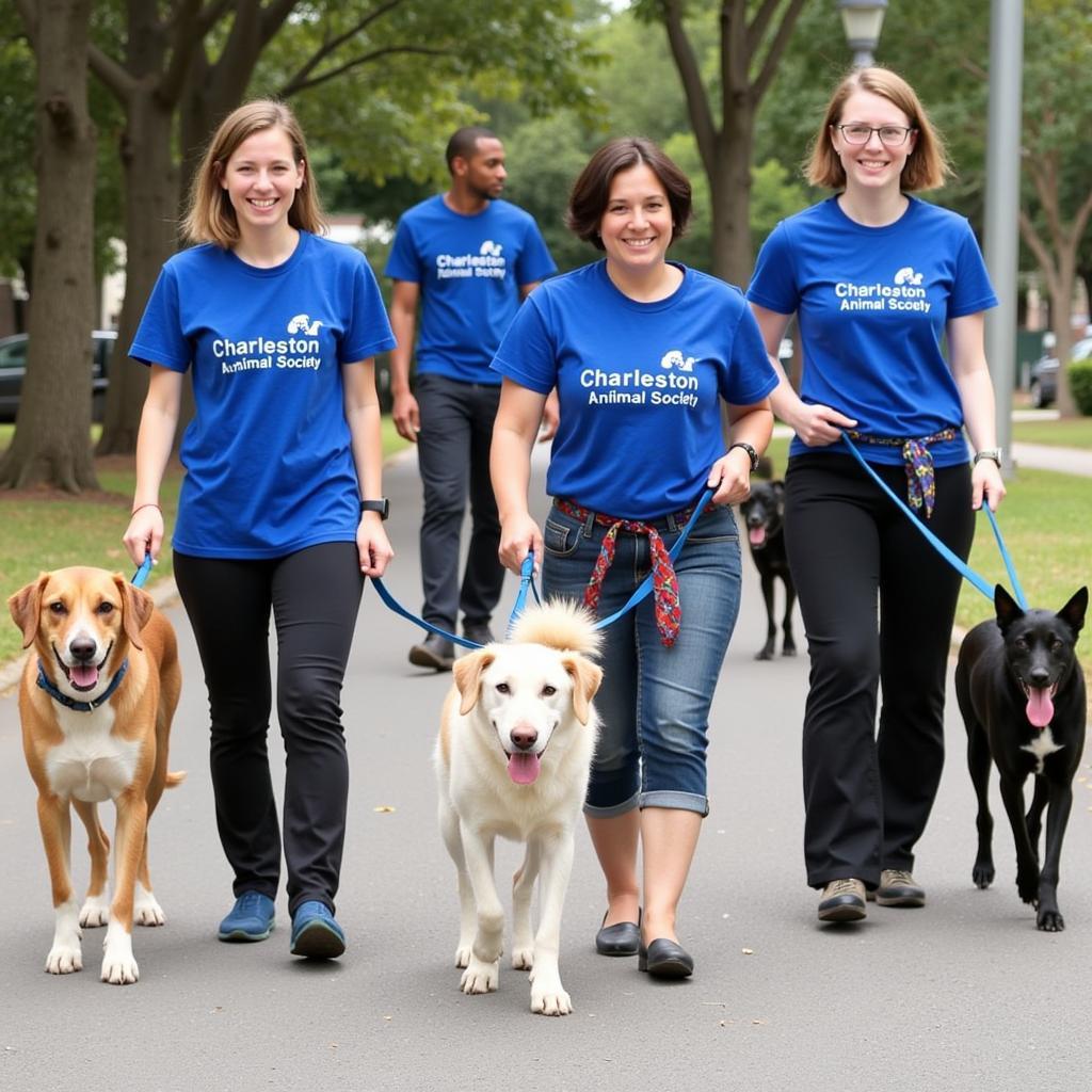 Volunteers at Charleston Animal Society walking dogs