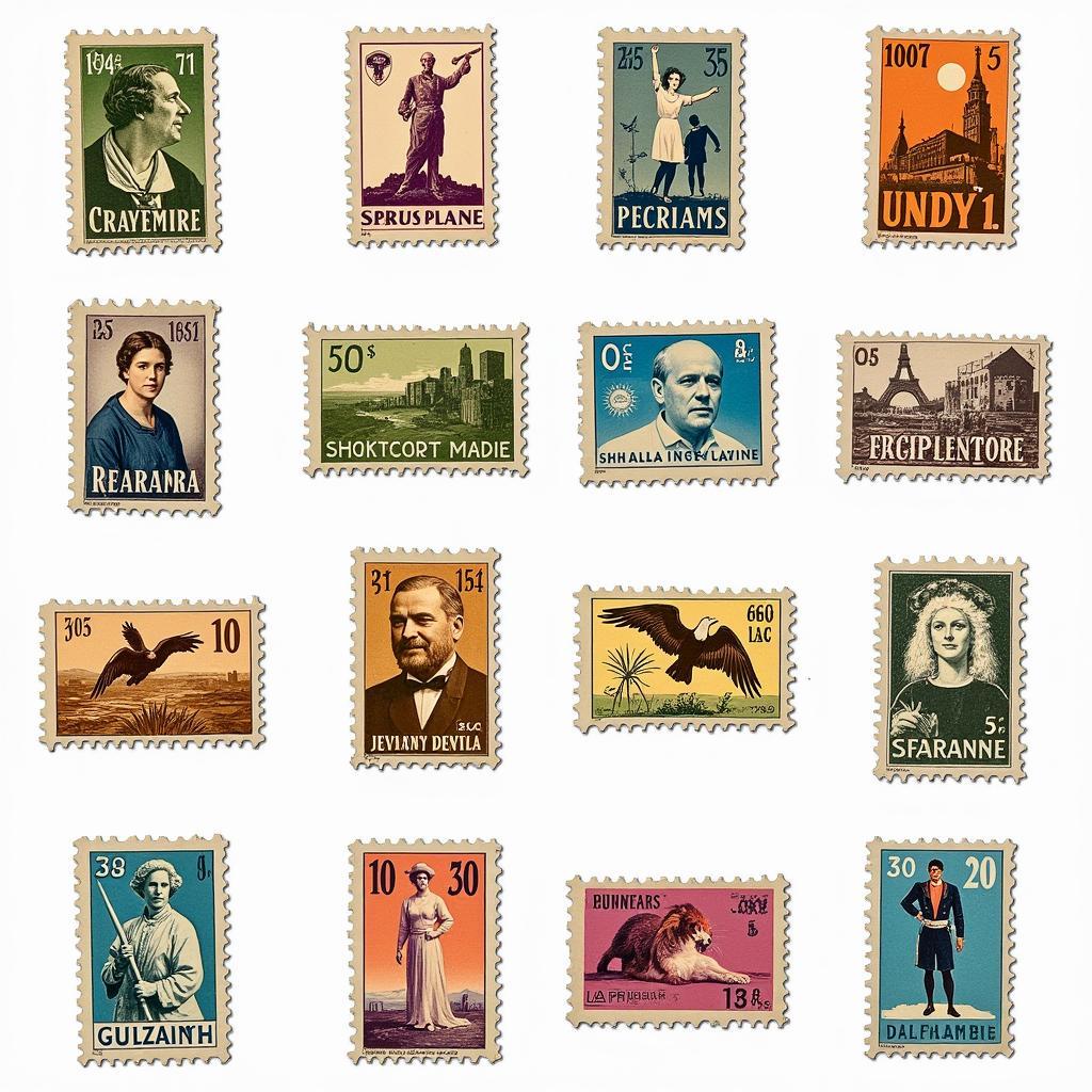 A collage of various commemorative stamps depicting diverse themes such as environmental conservation, human rights, and scientific discoveries.