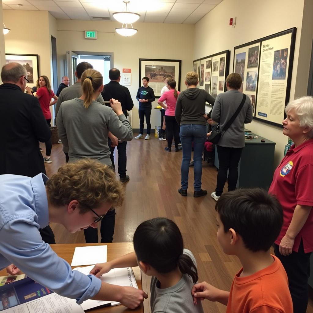 People of different ages and backgrounds interacting at a historical society event