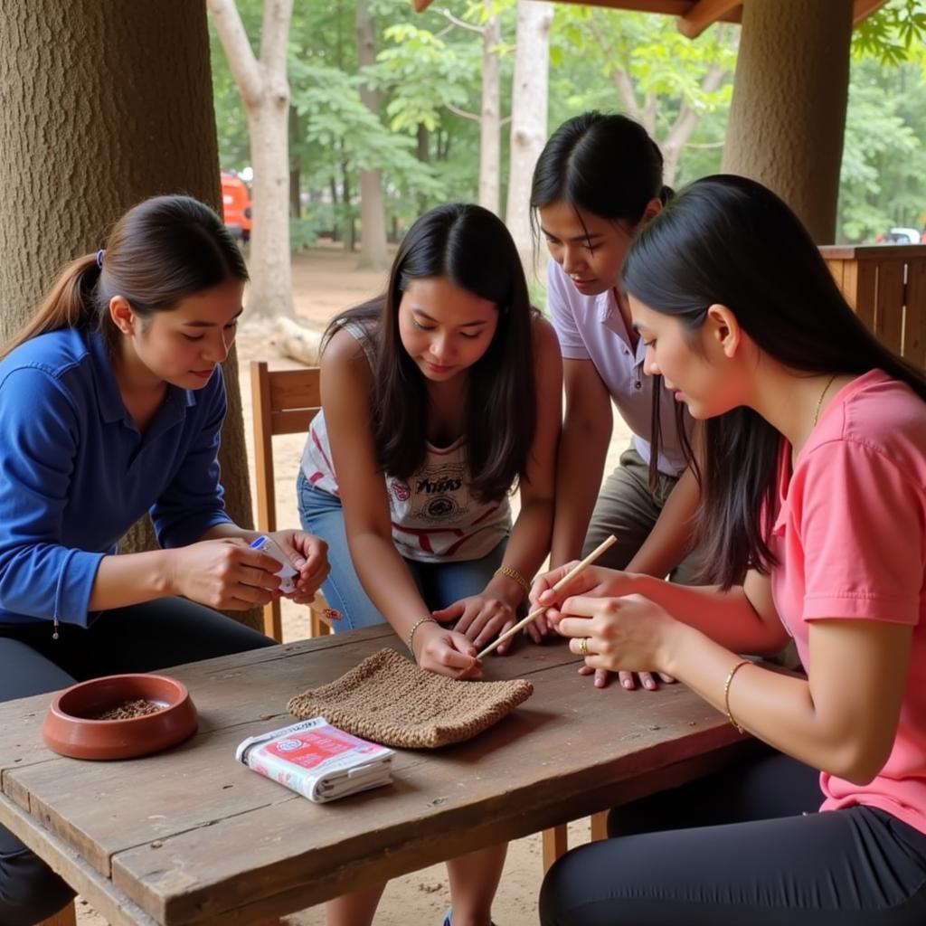 Participants of a cultural exchange program learning a traditional craft.