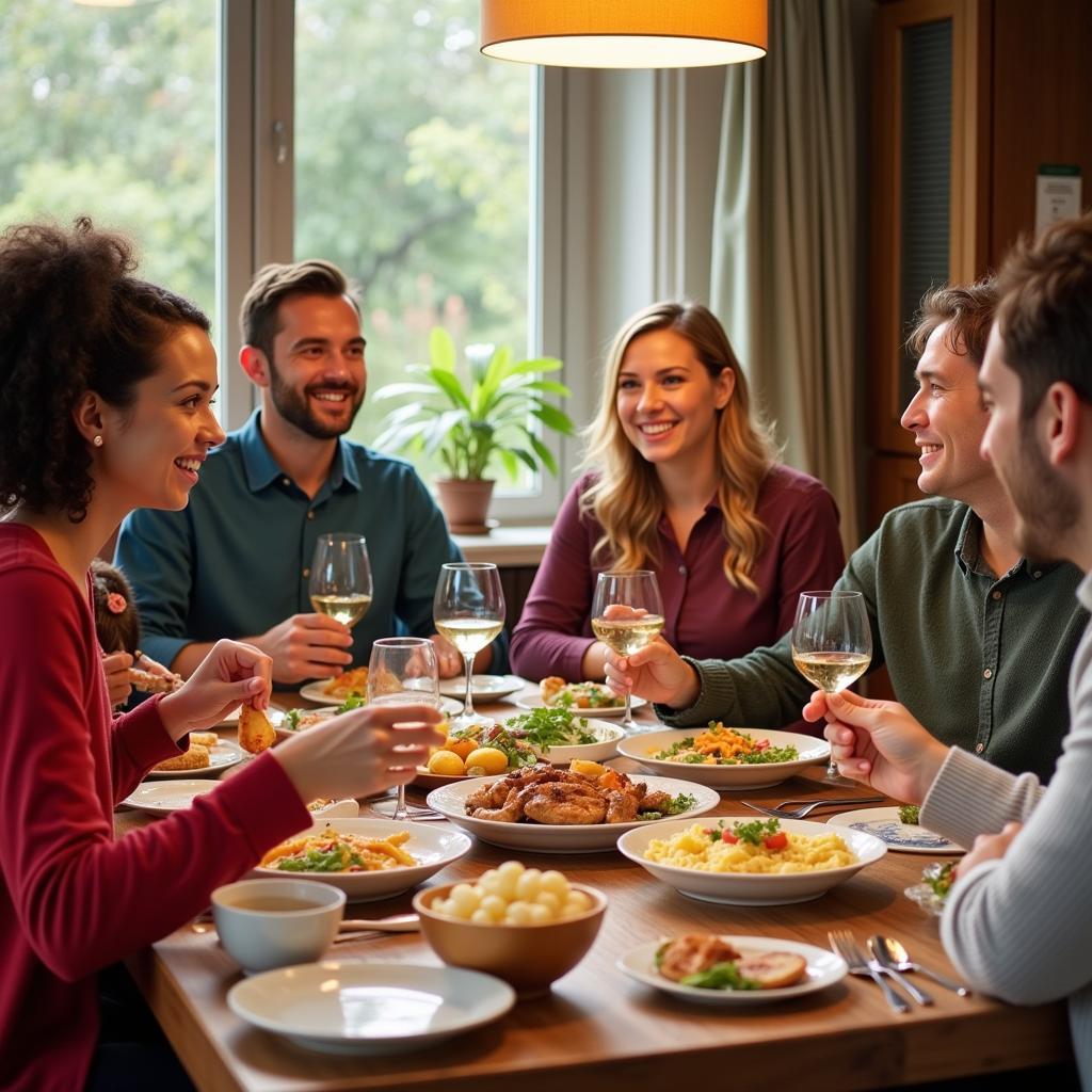 Diverse group of people enjoying a meal together