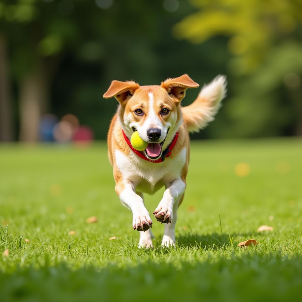 A happy dog playing in a park, adopted from the Florence Area Humane Society.