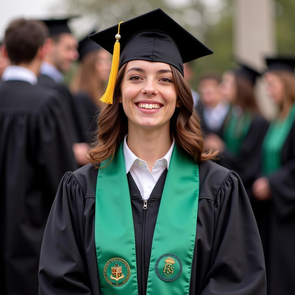 A graduate proudly wearing their English Honor Society cords during the commencement ceremony