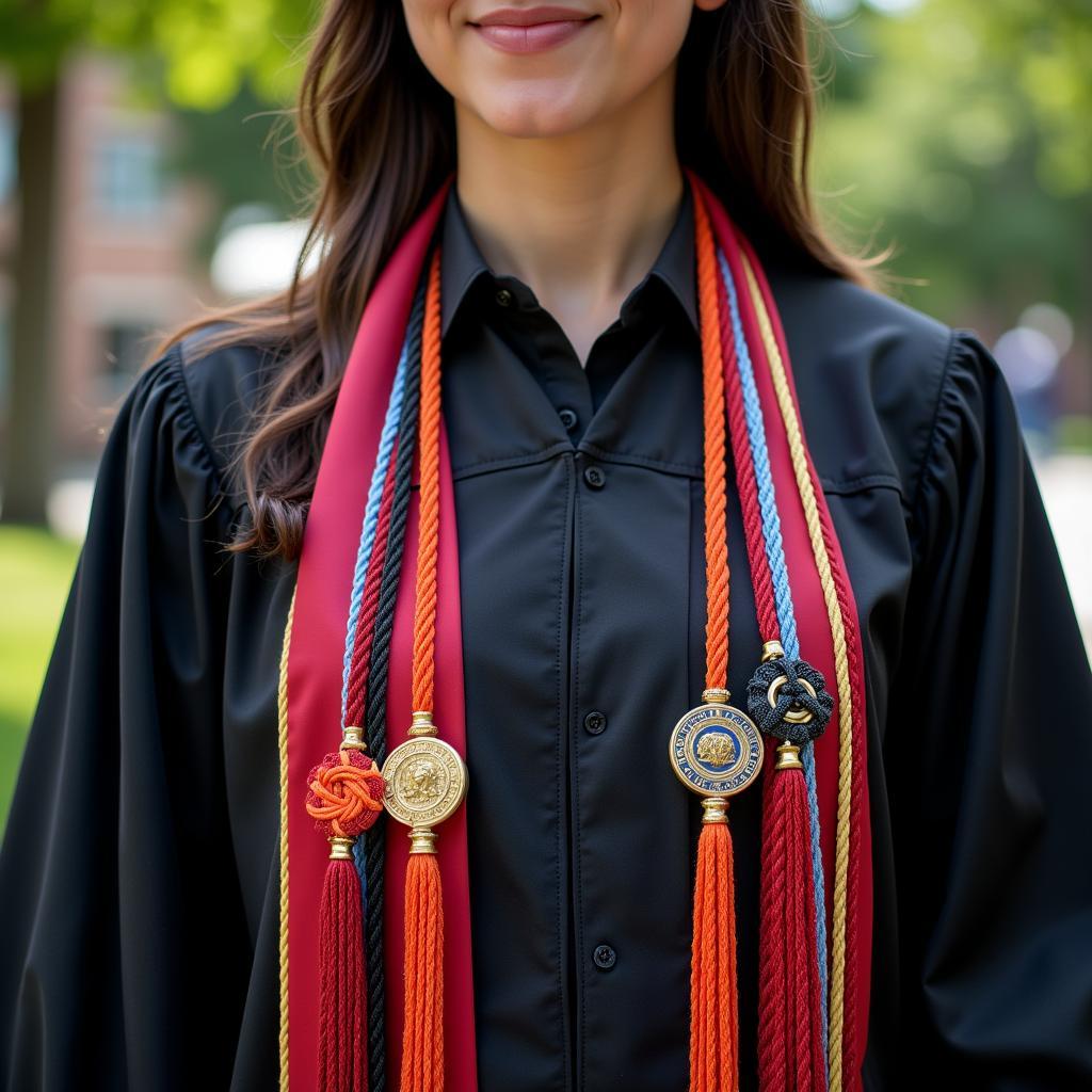 Graduate proudly displaying honor cords with ornamental knots