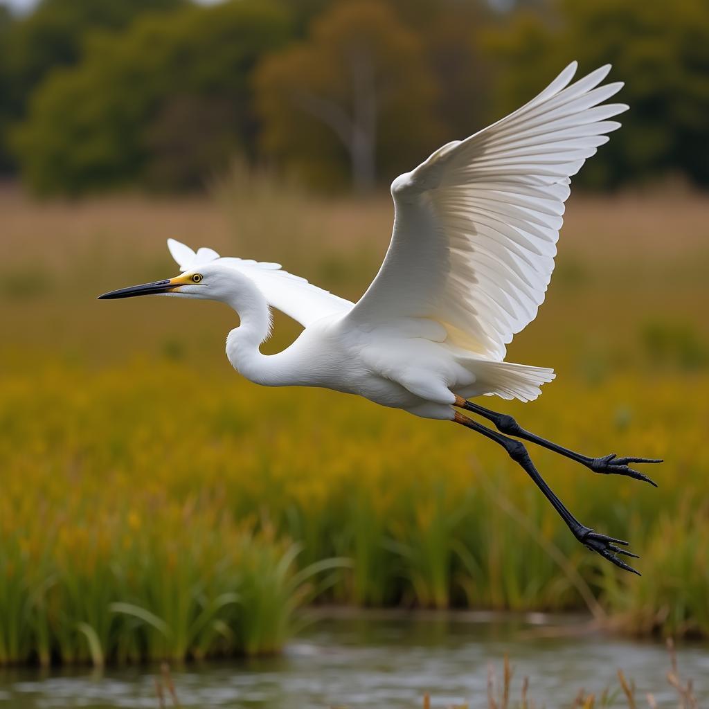 Great Egret in flight, wings spread wide, soaring over a wetland habitat.