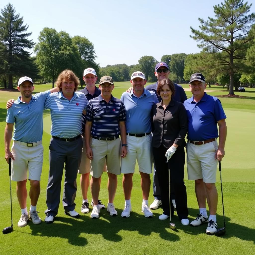 A group of hickory golfers in period attire posing for a photo on a golf course.