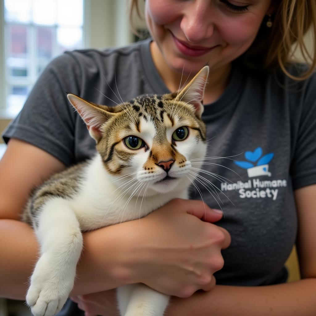 A cat being cuddled at the Hannibal Humane Society