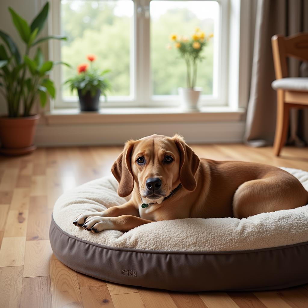 Happy adopted dog in its new home.