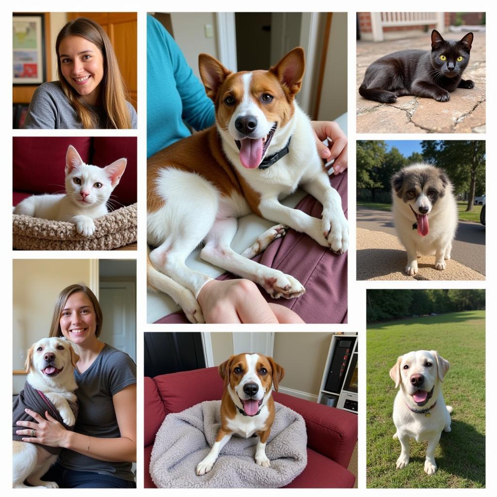 A collage of photos showing various adopted pets thriving in their new homes, playing, cuddling, and enjoying life with their families.