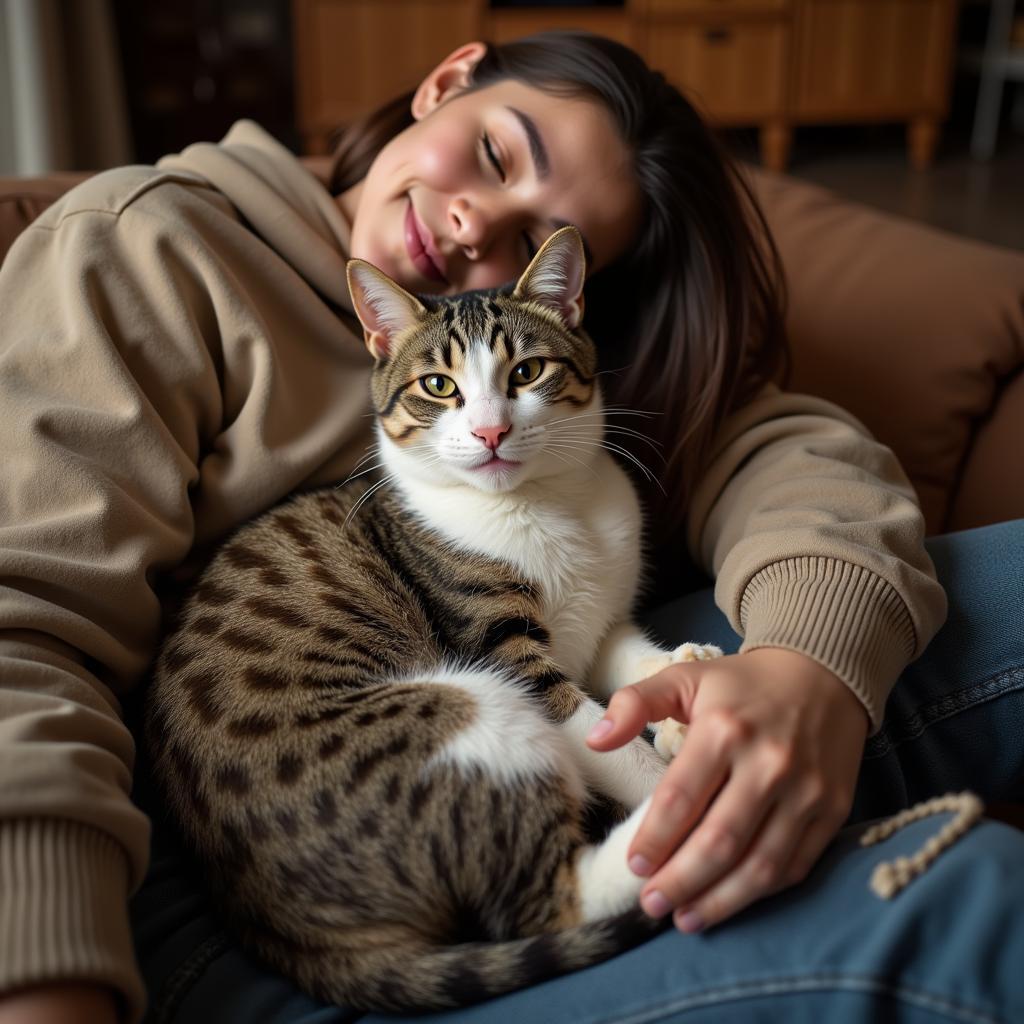 A cat cuddling with its new owner on a comfortable couch.