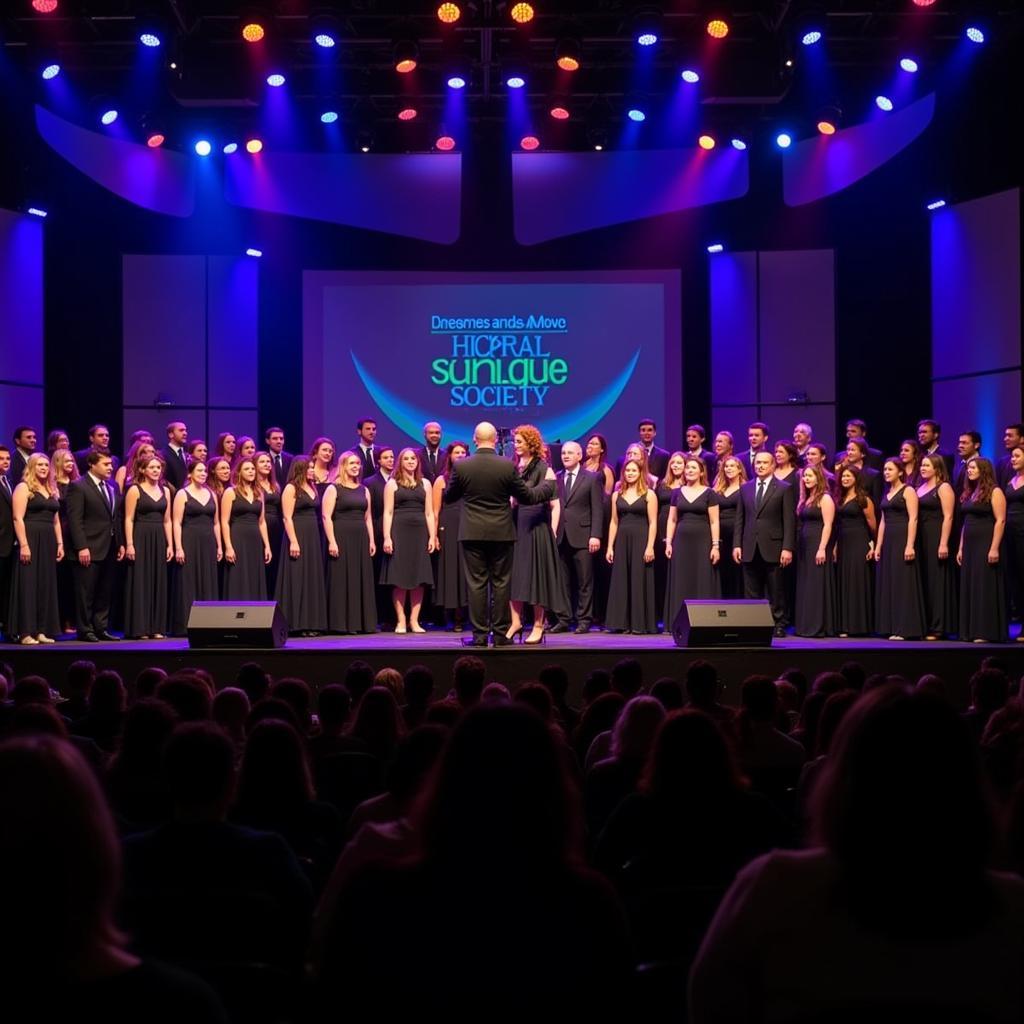 Hickory Choral Society in performance: A vibrant photo of the choir performing on stage under colorful lights.