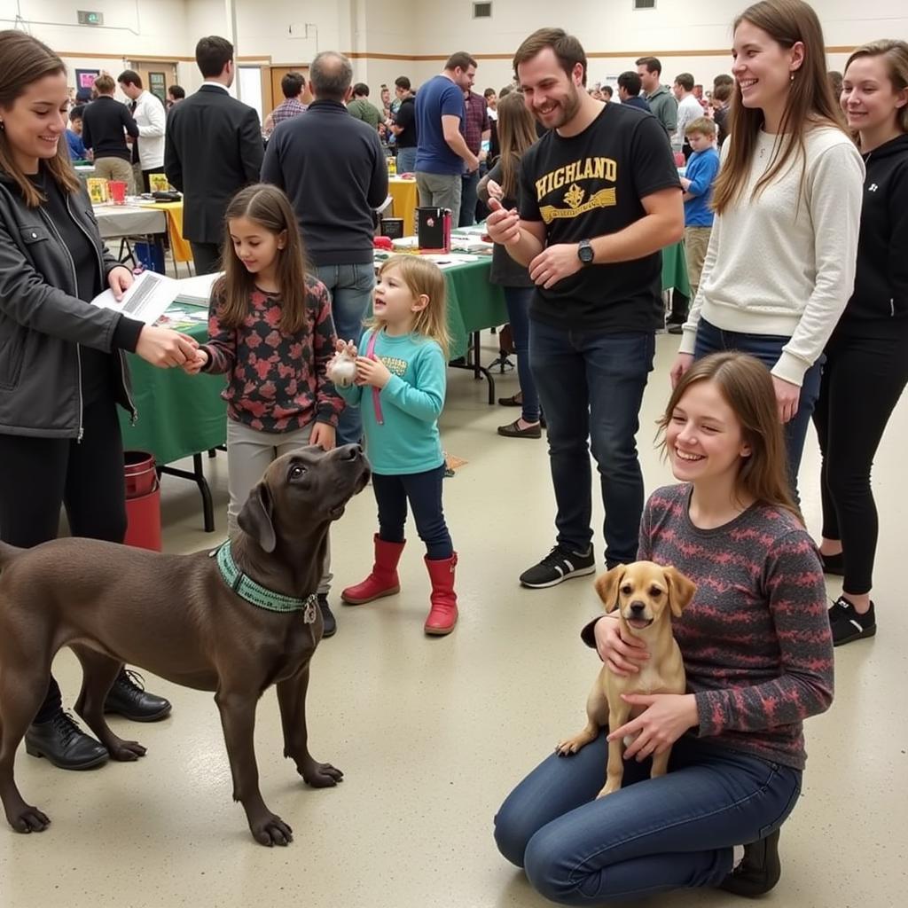 Families interacting with adoptable pets at a Highland Humane Society adoption event.