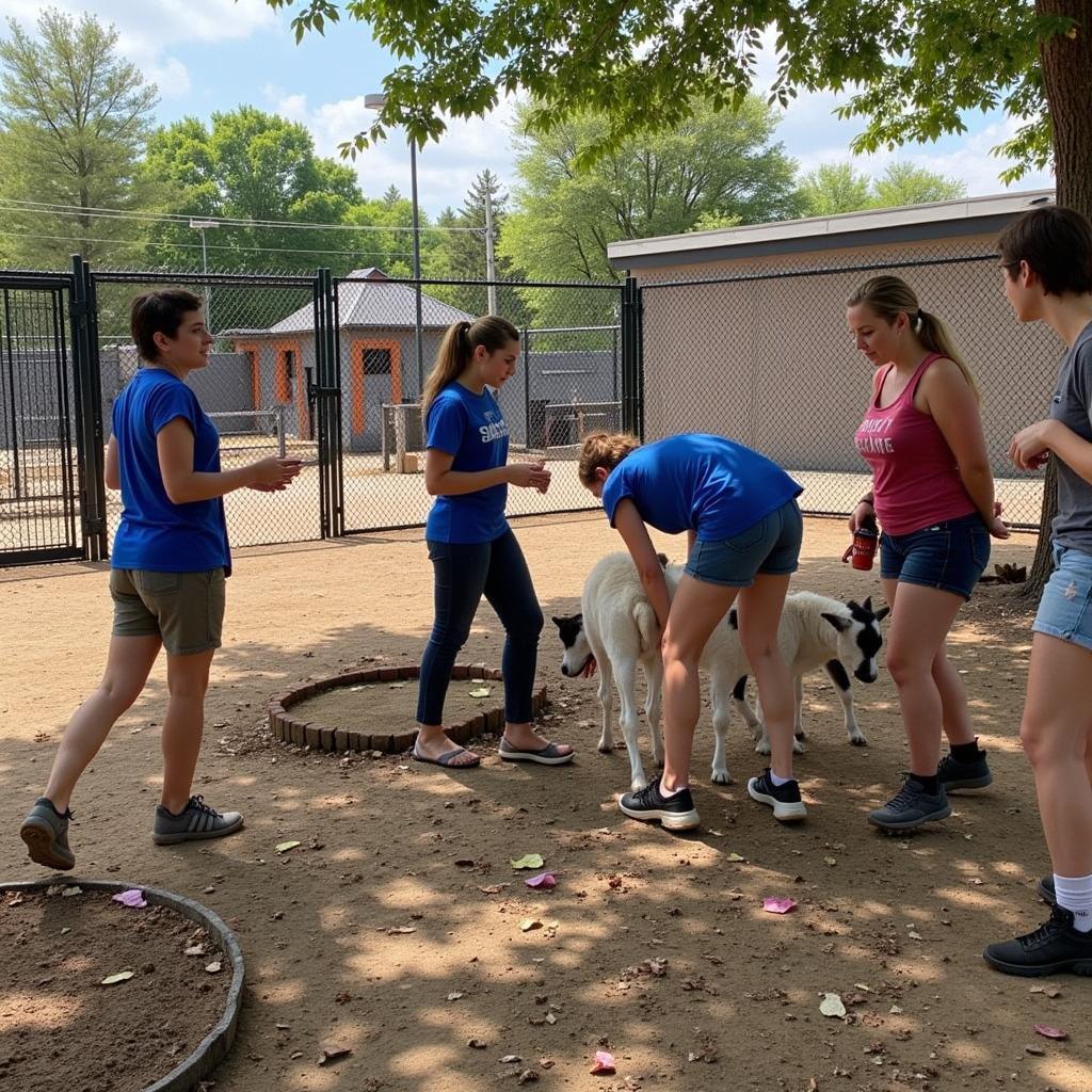 Volunteers and staff working together at a humane society camp, providing care and enrichment for animals.