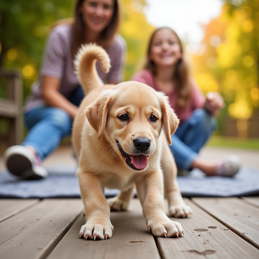 A family playing with their newly adopted puppy