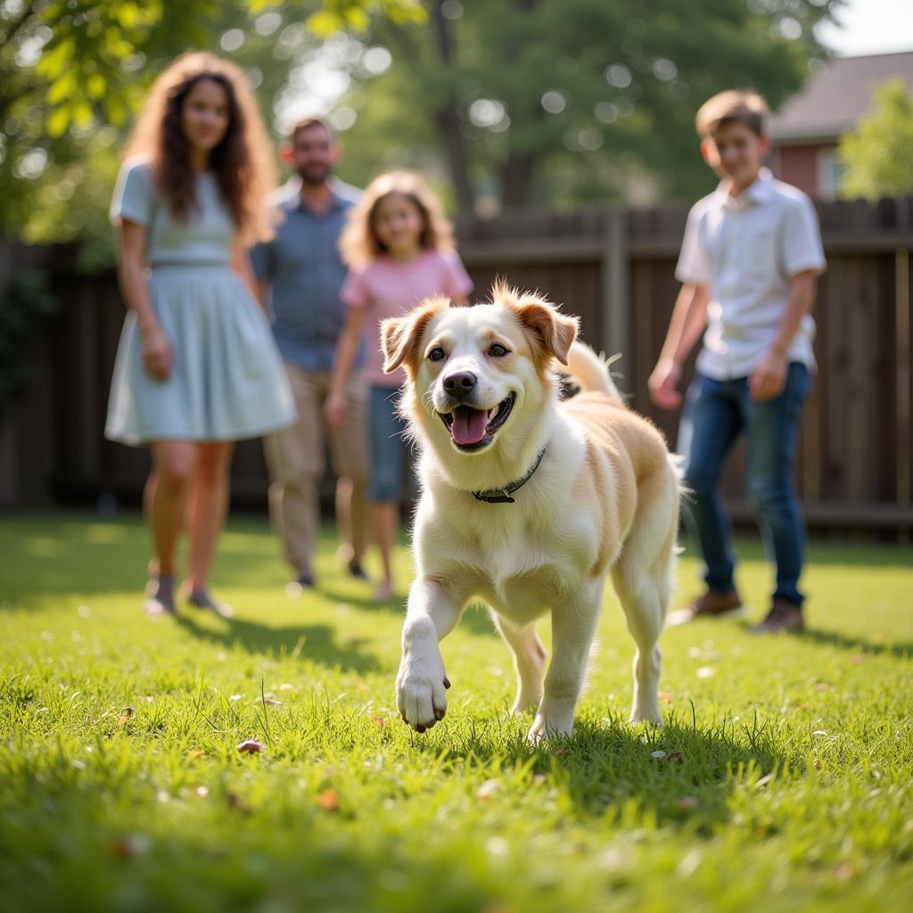 A happy adopted dog with its new family