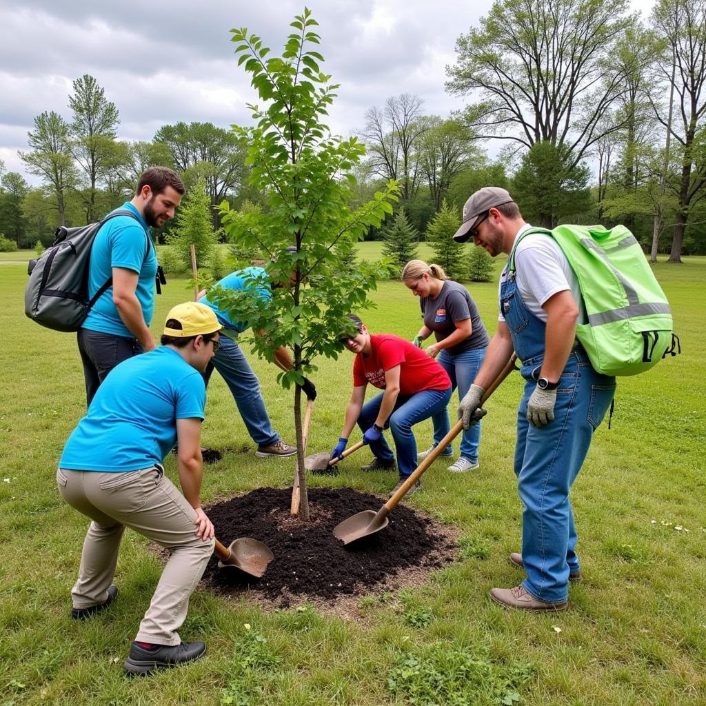 Volunteers planting trees as part of an Indiana Audubon Society habitat restoration project.