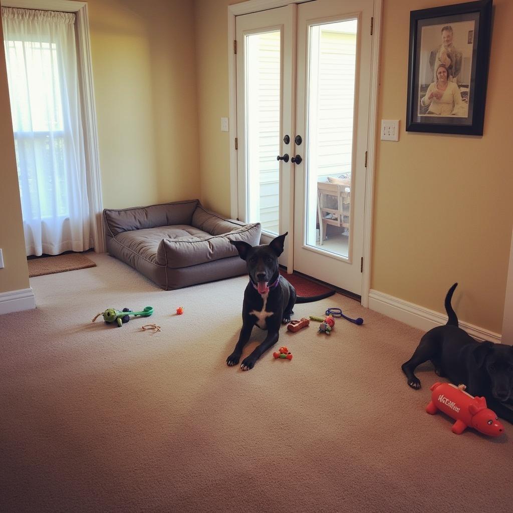 A dog-proofed living room with a dog bed and toys.