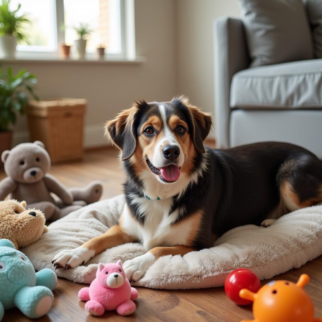 A newly adopted dog settling into its new home.