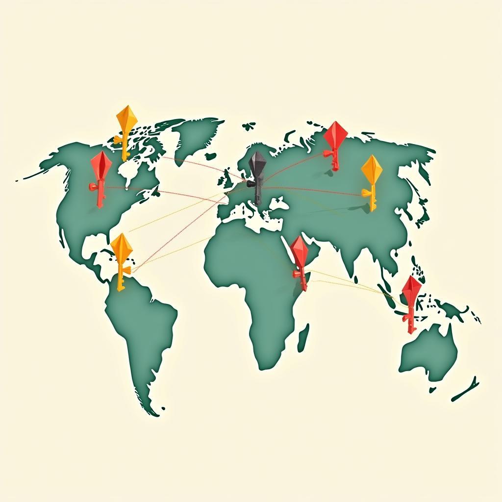 A world map with interconnected kites and keys symbolizing global harmony