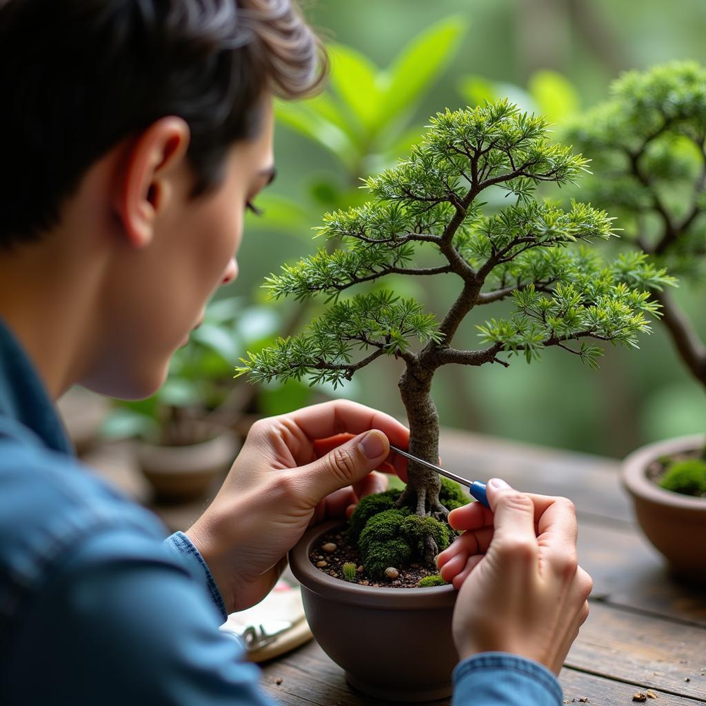 A person carefully pruning a bonsai tree