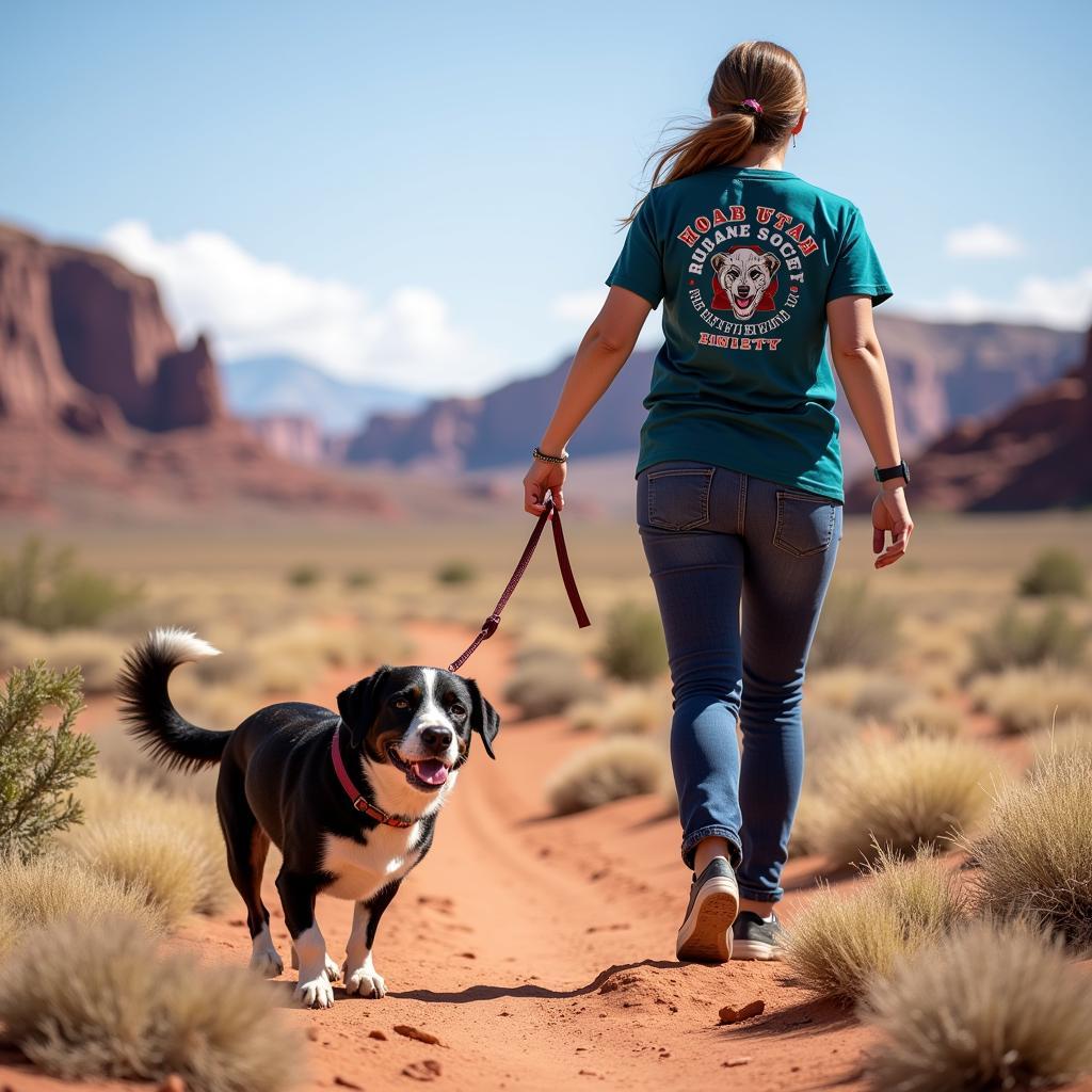 Volunteer walking a dog at Moab Utah Humane Society