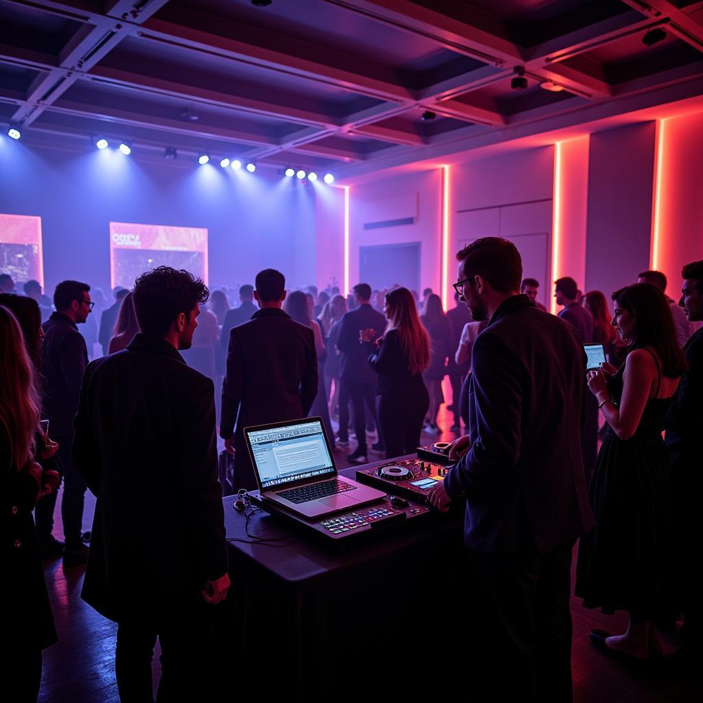 A DJ performing electronic music at a contemporary, upscale event