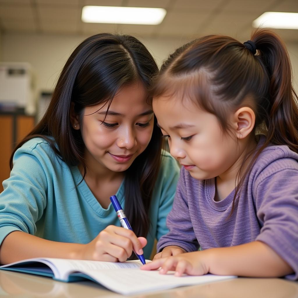 NEHS students tutoring younger students in English and reading.