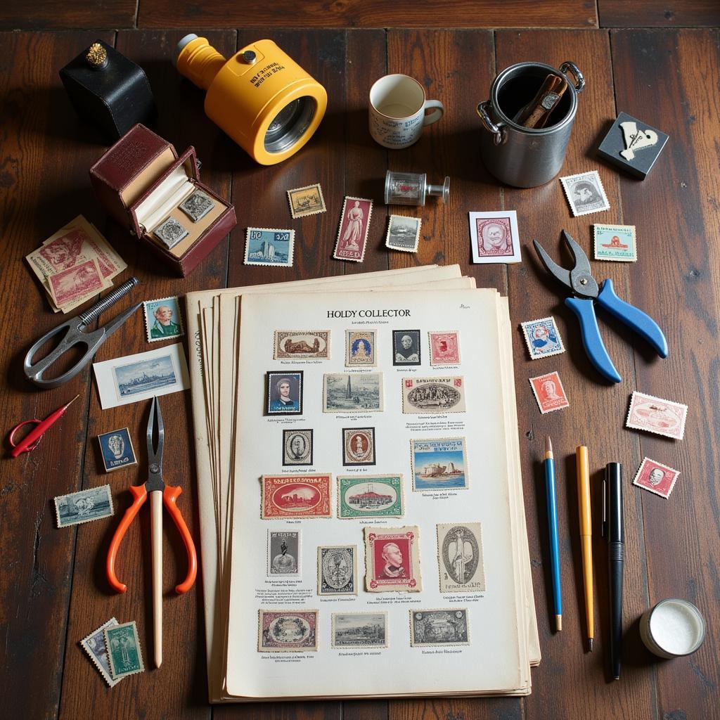 Various tools and accessories used in stamp collecting, such as magnifying glasses, tweezers, and stamp albums.