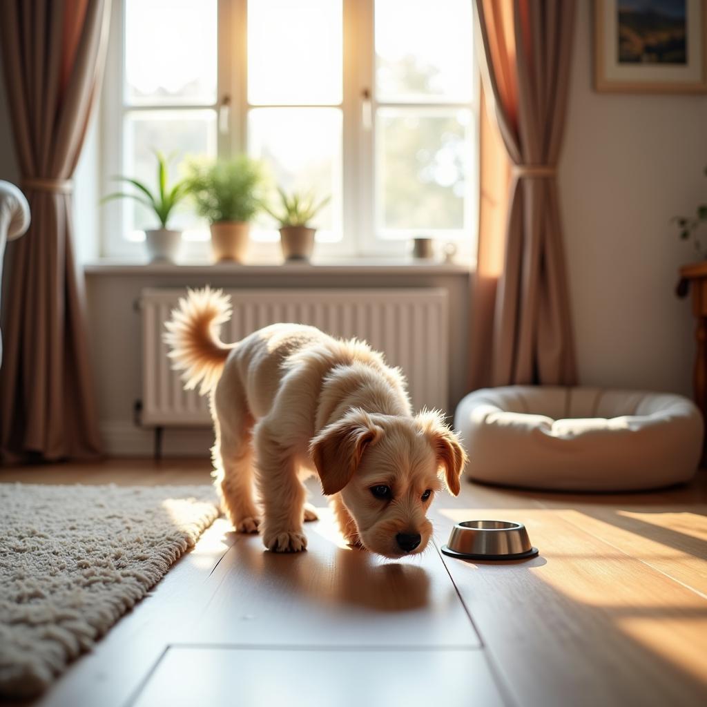 A newly adopted dog exploring its new home.