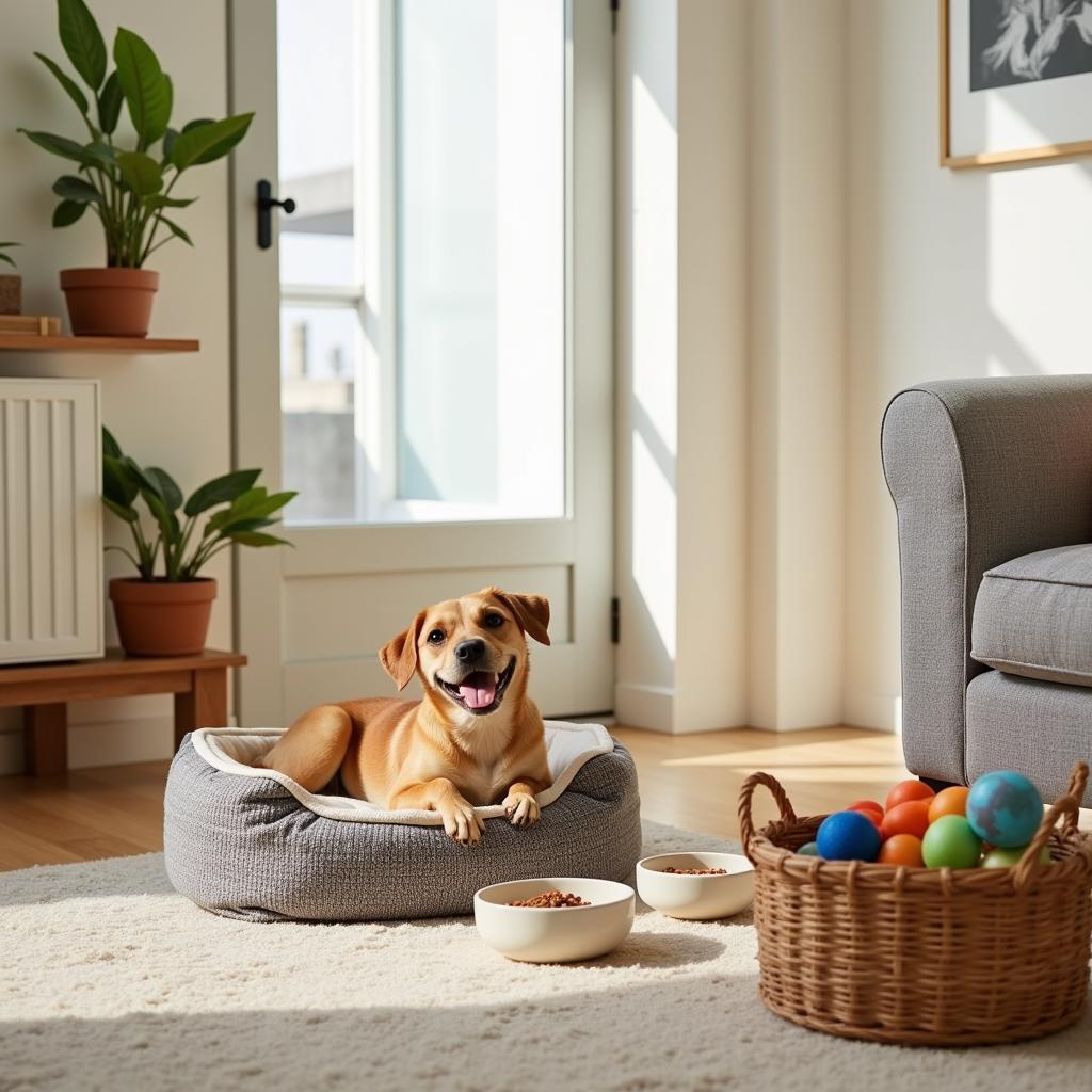 A cozy corner prepared for a newly adopted pet.