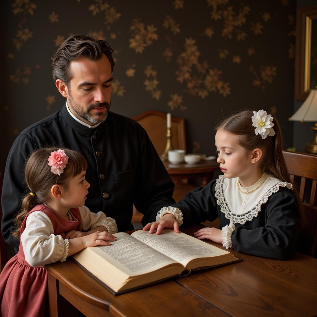 A Puritan family demonstrating the patriarchal structure