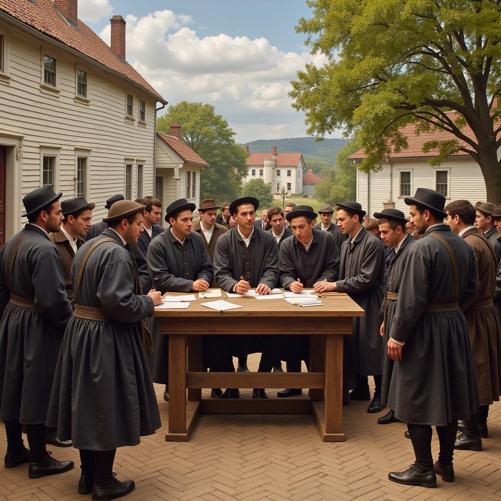 A Puritan town meeting with only men present