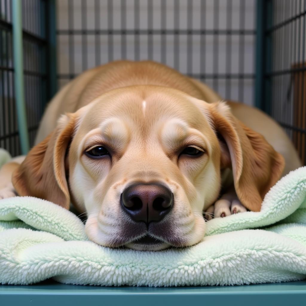 A pet recovering comfortably after spay/neuter surgery