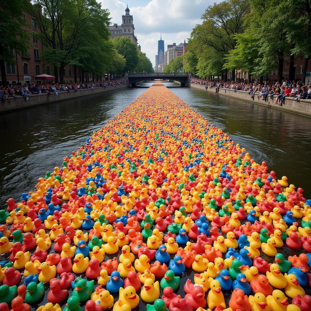 Thousands of rubber ducks racing downstream in a humane society duck race