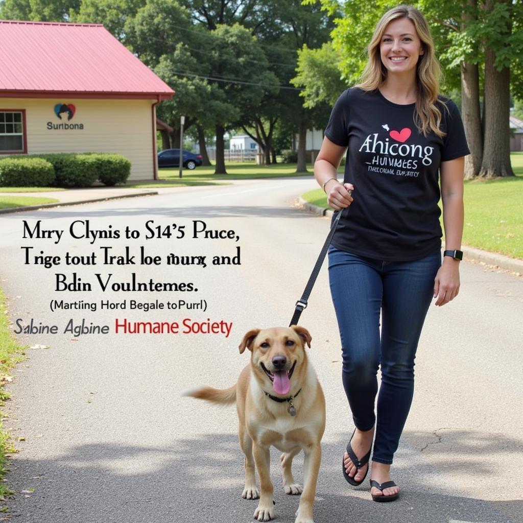 A volunteer happily walking a dog at the Sabine Humane Society.