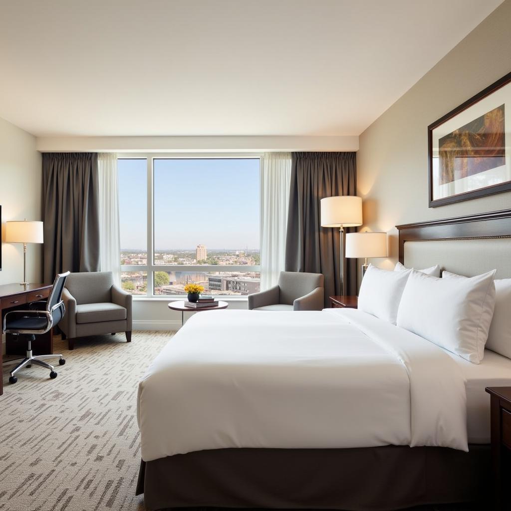 Interior view of a guest room at the Sheraton Society Hill Hotel in Philadelphia, PA, showing its modern amenities and comfortable bedding.