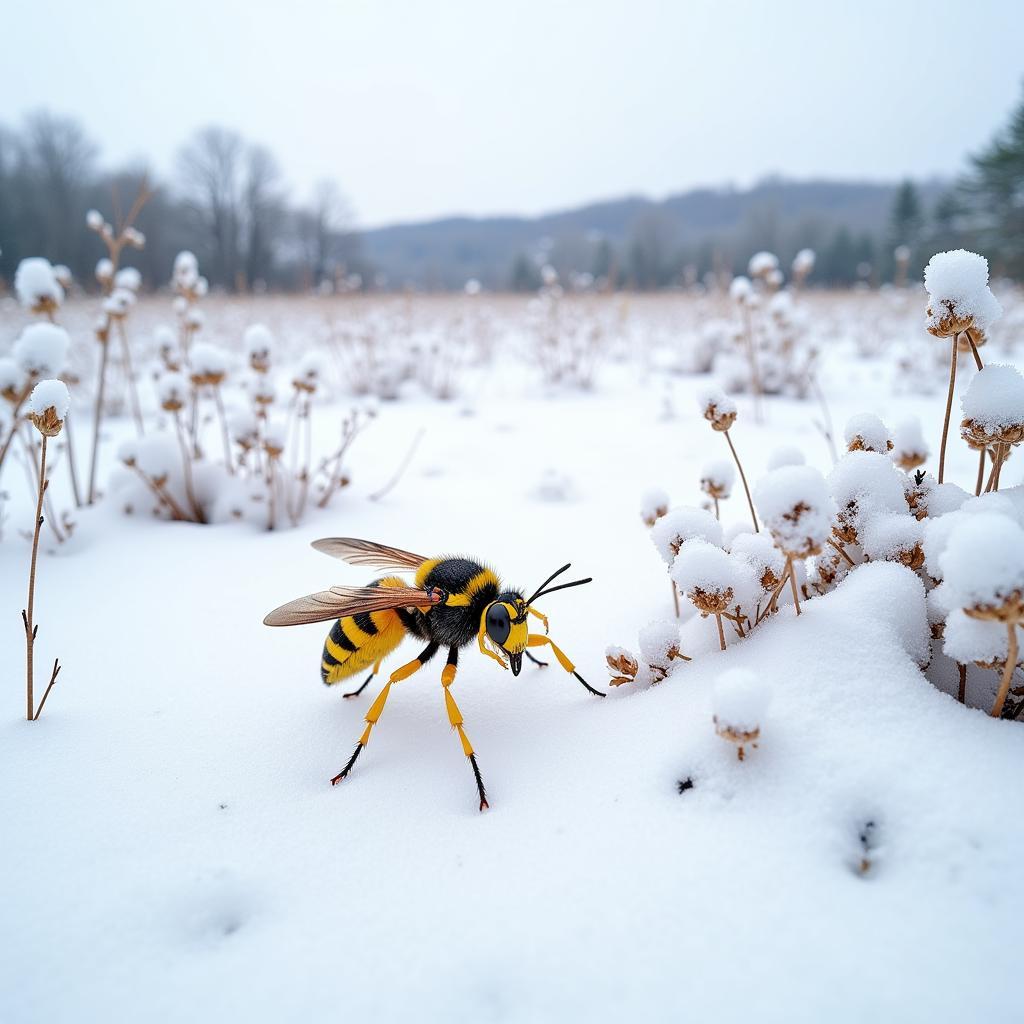 Snow Yellowjacket Foraging in Winter Landscape