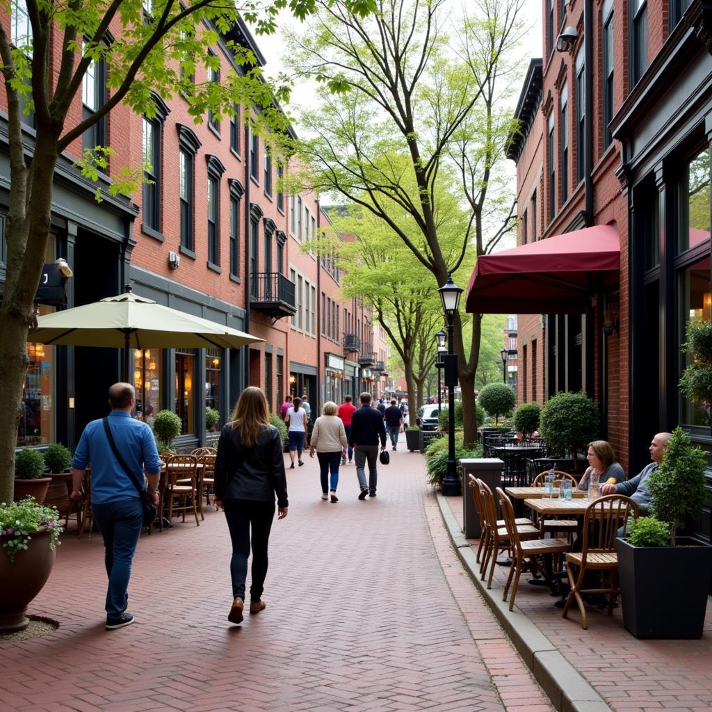 A vibrant street scene in Society Hill, showcasing the neighborhood's charm with cobblestone streets, colonial-era architecture, and local businesses.