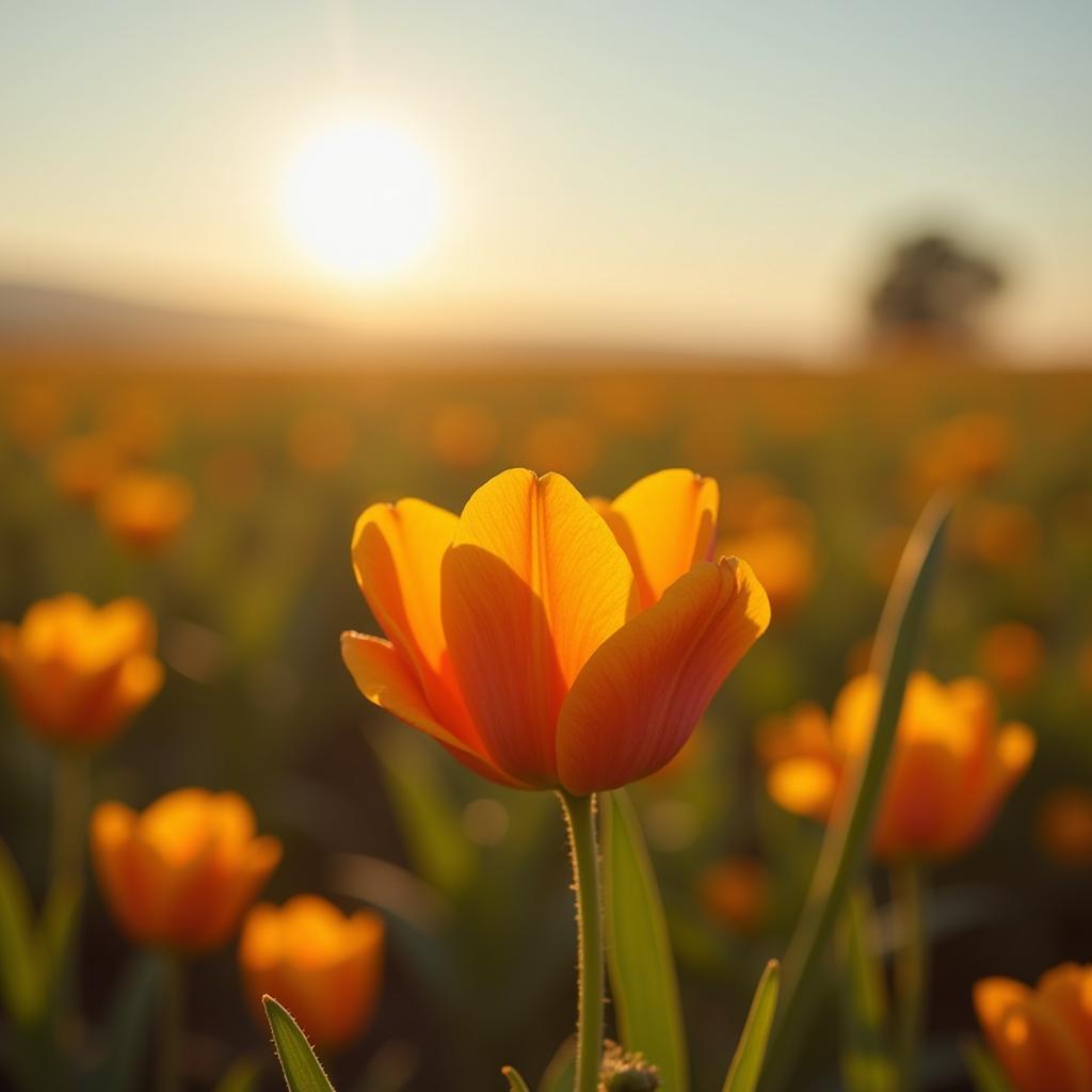 Image of a single flower blooming vibrantly in a vast, empty field