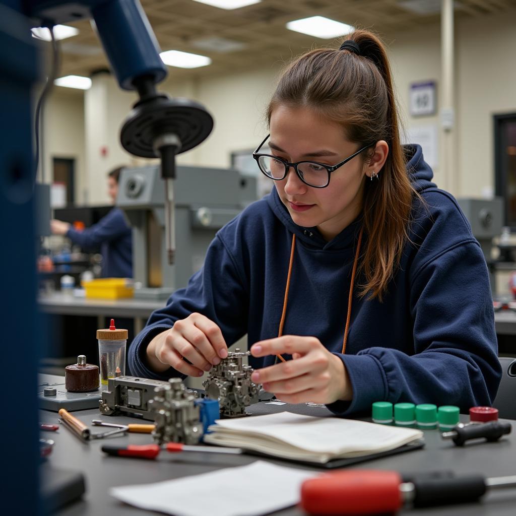 Student diligently working on a technical project, striving for national technical honor society cords.