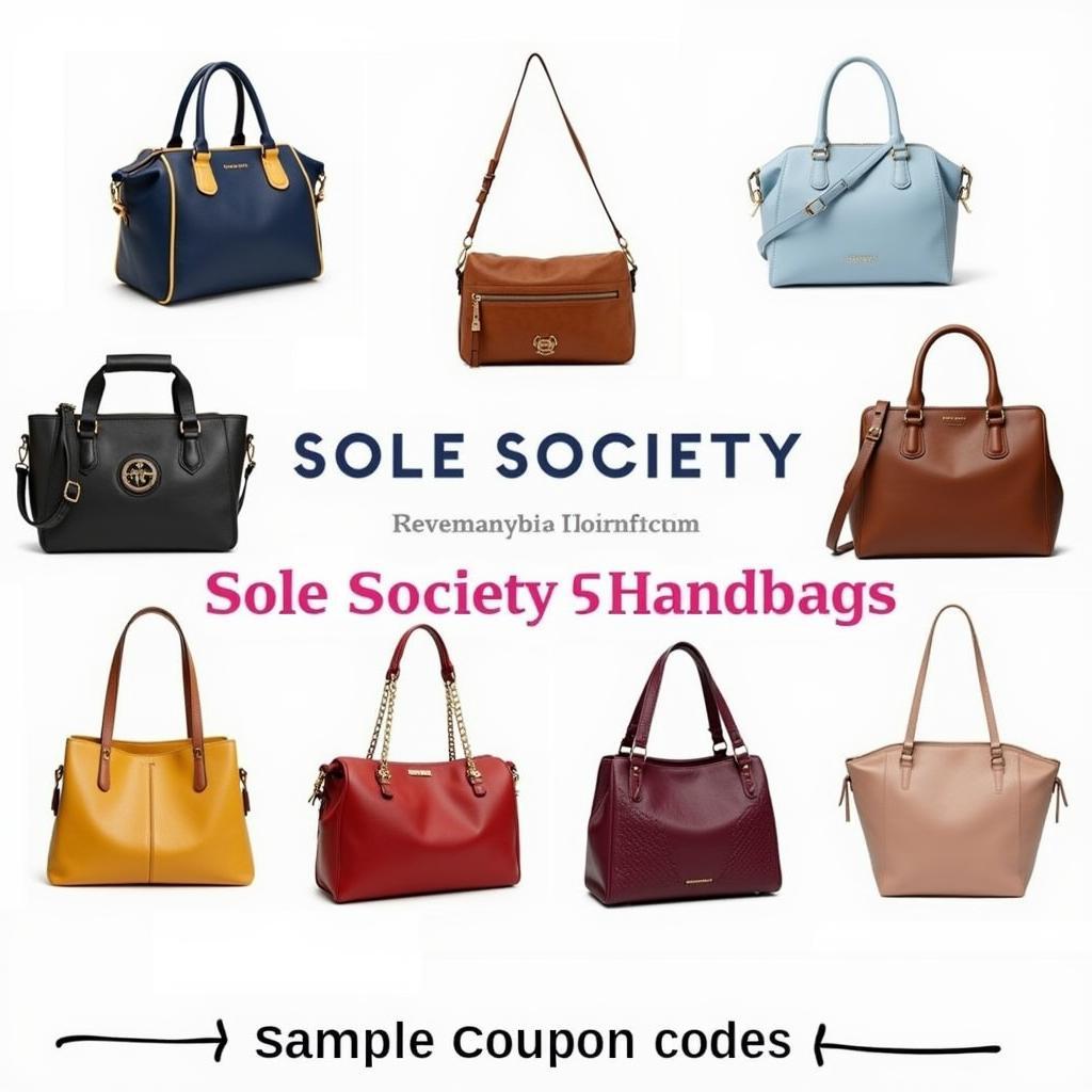 Various stylish Sole Society handbags displayed with a coupon code overlay, highlighting the savings opportunity.