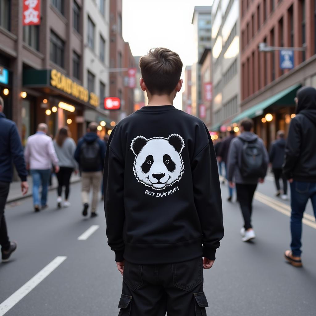 Teenager wearing a Riot Society Panda Sweatshirt in an urban setting