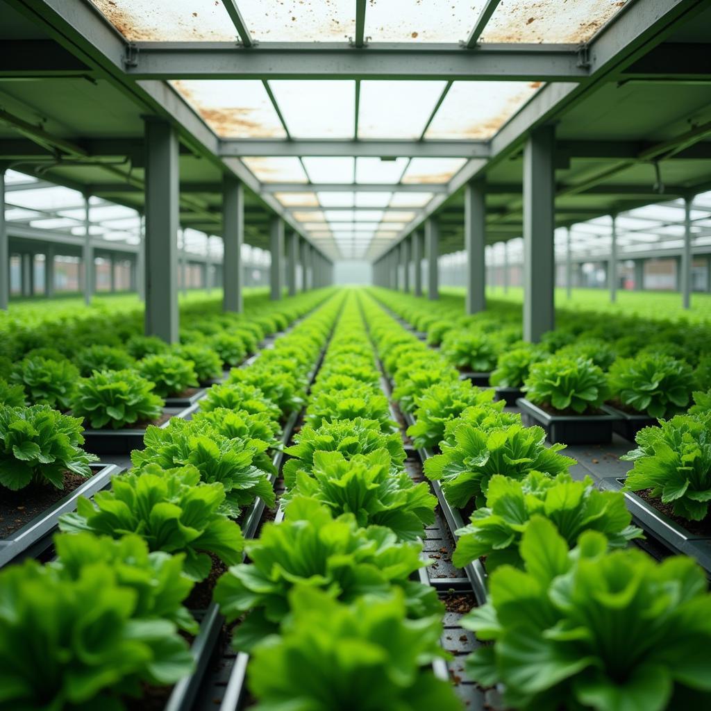 Vertical farm with lush green plants growing under artificial light