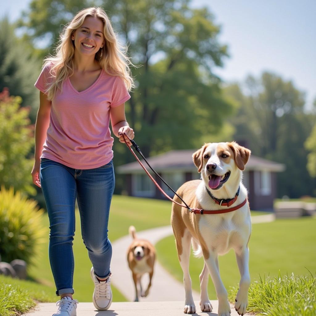 A volunteer walking a shelter dog.