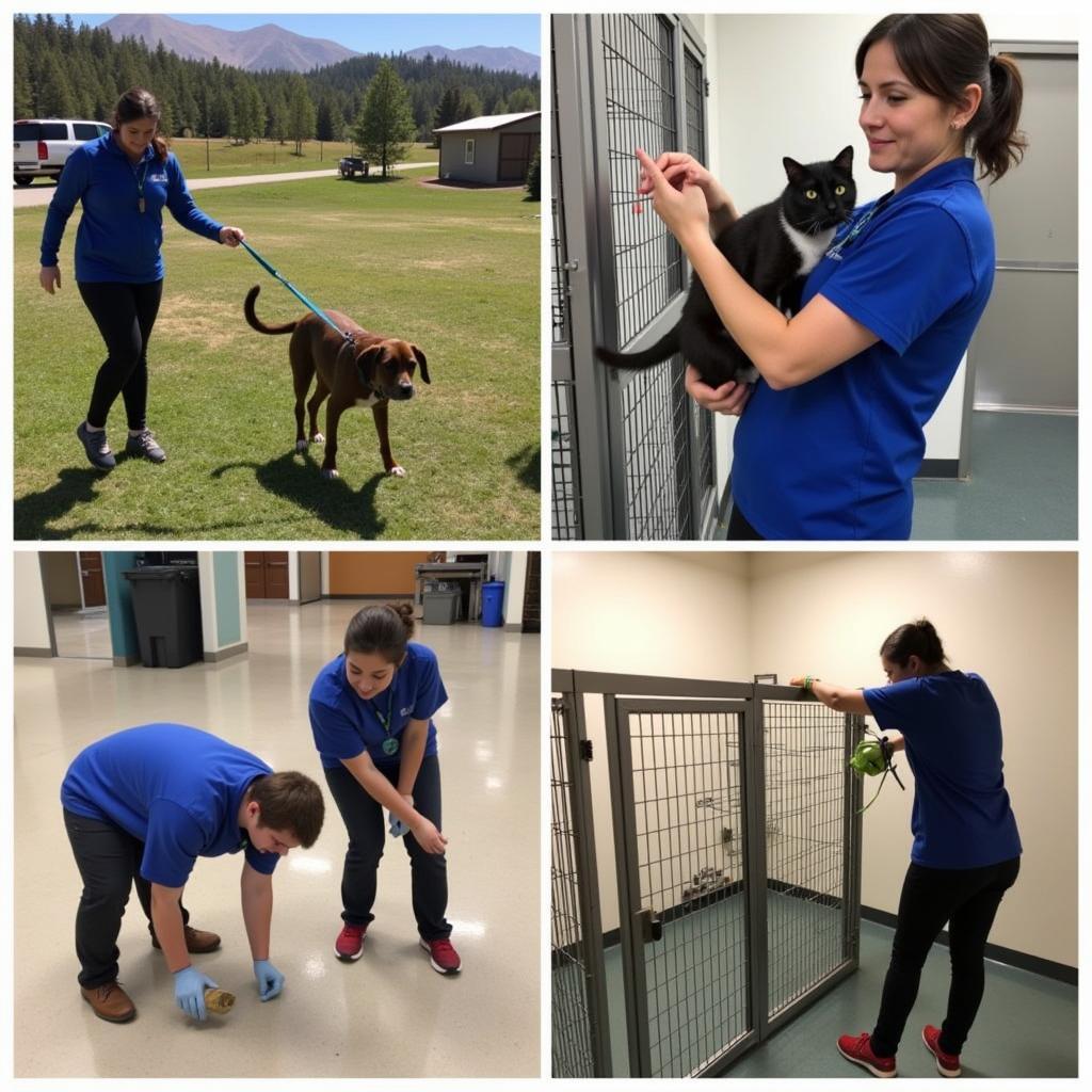 Volunteers assisting with various tasks at the Klamath Humane Society, including walking dogs, playing with cats, and cleaning kennels.