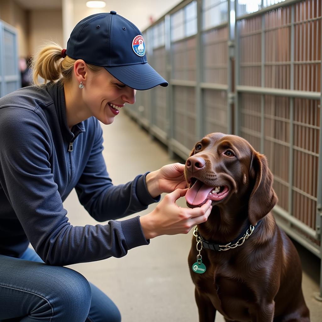 A person wearing a humane society hat while interacting with a rescued dog