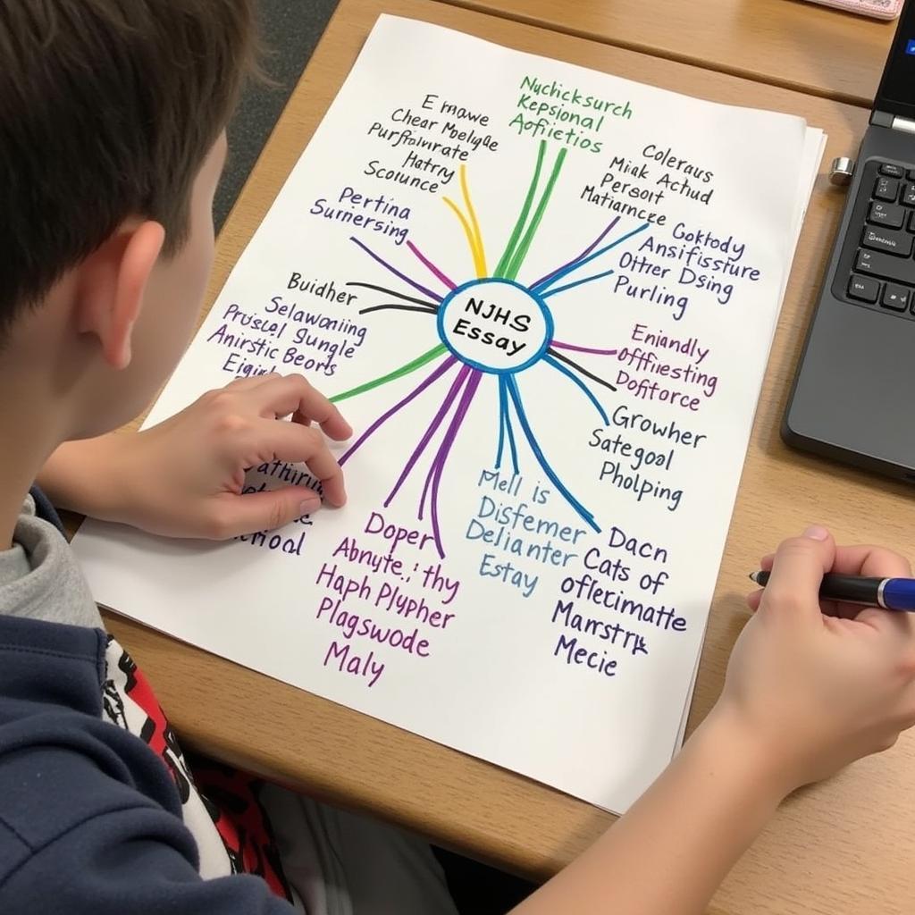 A student brainstorming ideas for their NJHS essay using a mind map.